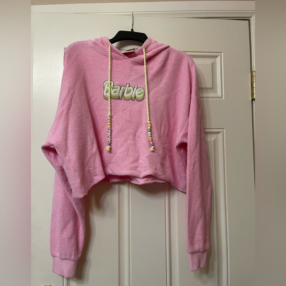 Barbie X Forever 21 Women's Large Pink Pullover Hoodie Sweatshirt Cropped